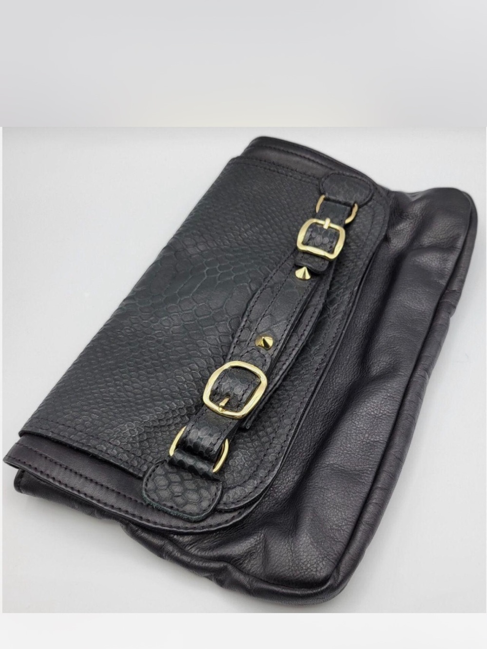 Black Leather Clutch with Gold Buckle Accents
